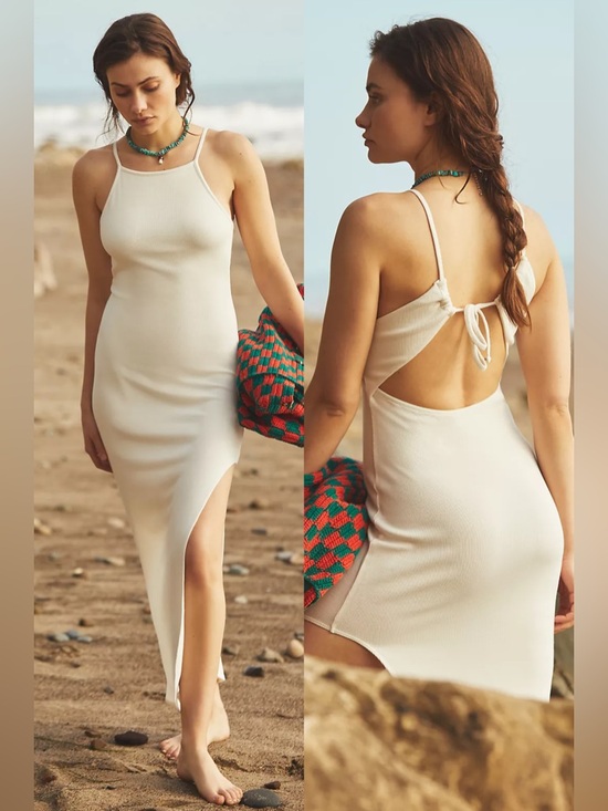 NWT L*Space Renata Ribbed Bodycon Midi Dress Cream Open Back Slit Size Medium - Picture 9 of 10